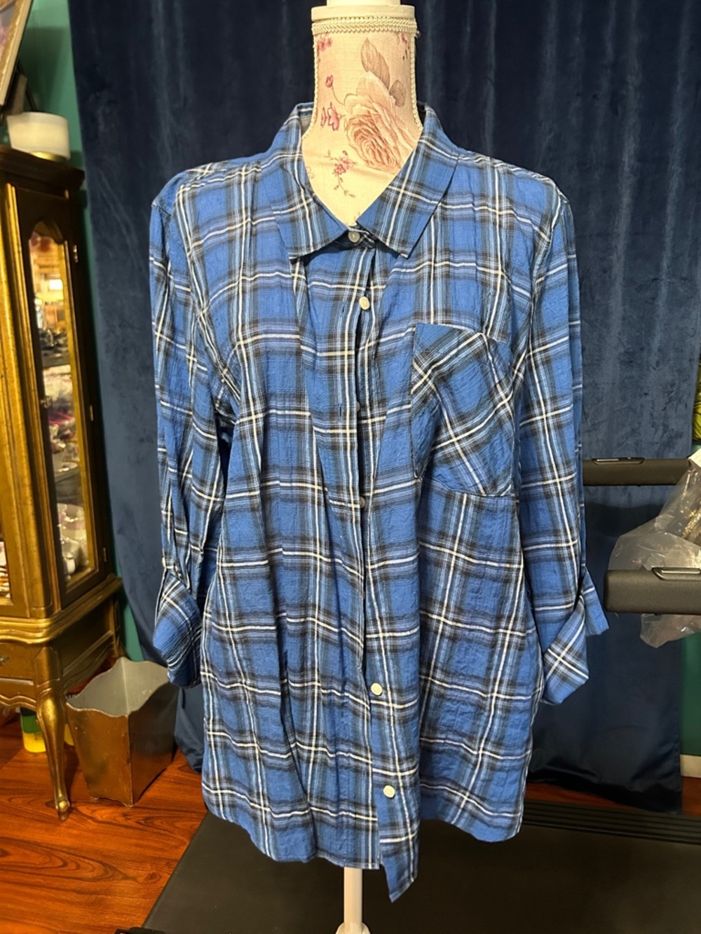 Blue Plaid Button-Up Shirt